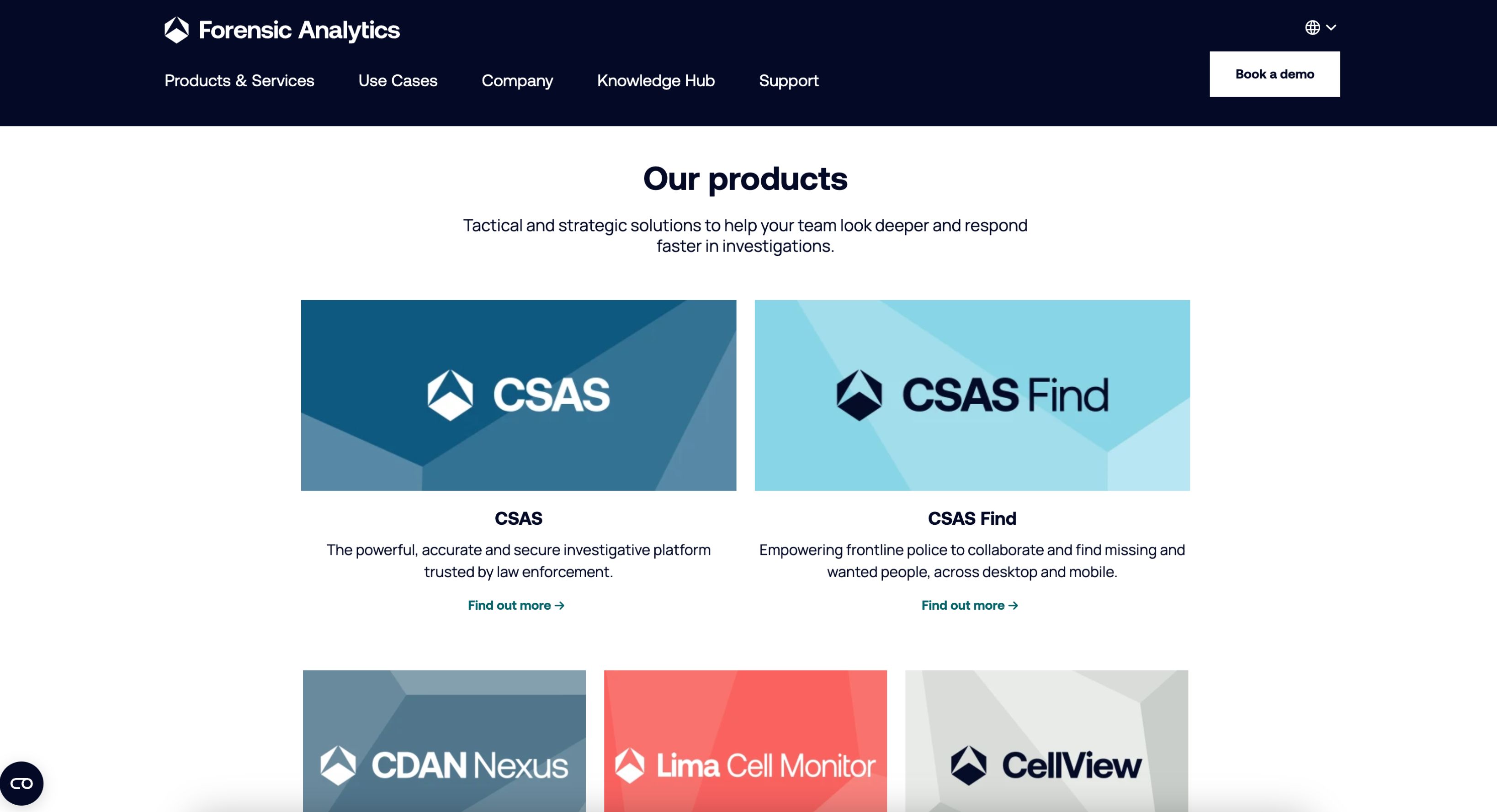 Image shows products on home page of Forensic Analytics live site