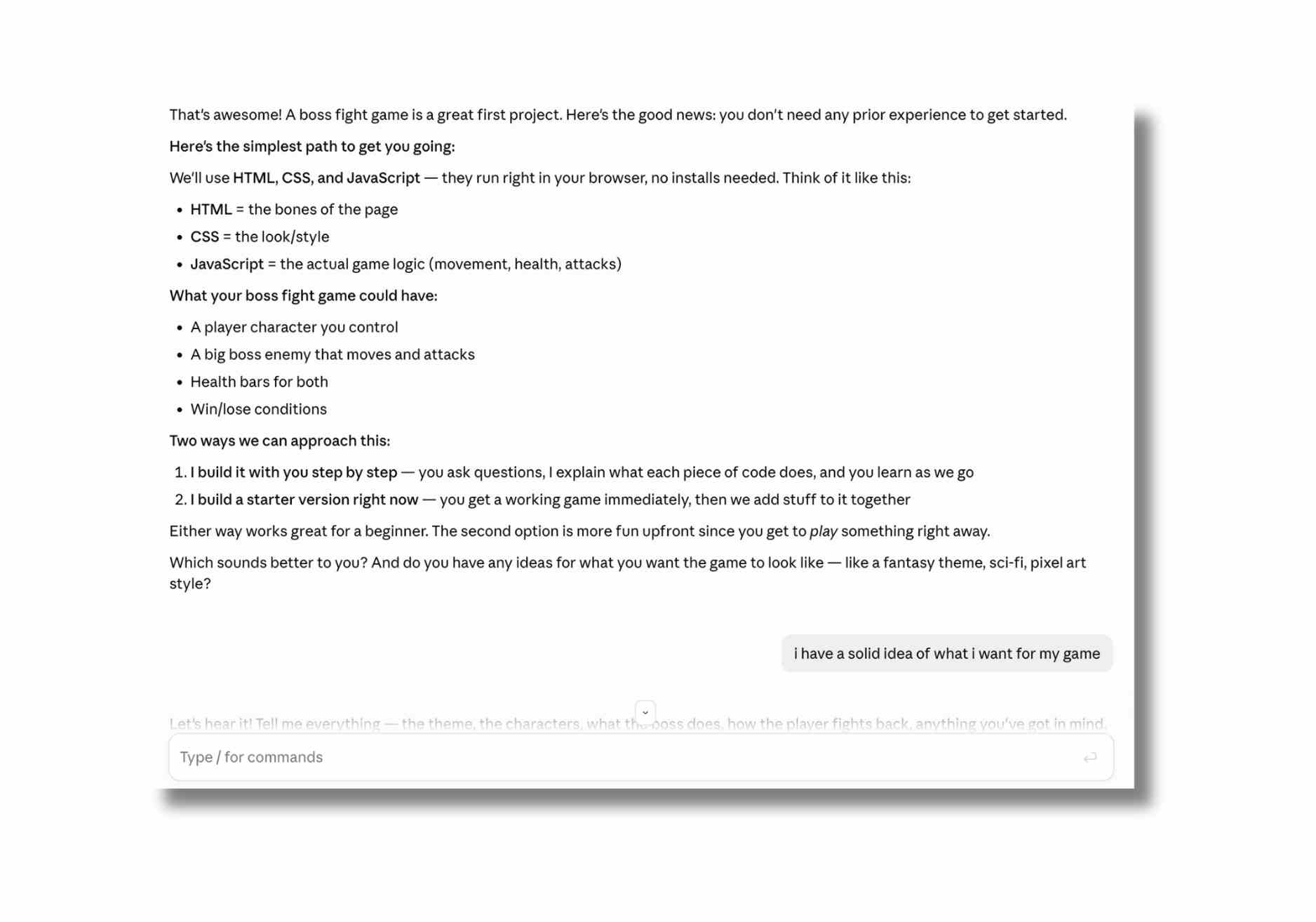 Screenshot of a response from Claude Code explaining the simplest path to getting started on the project.